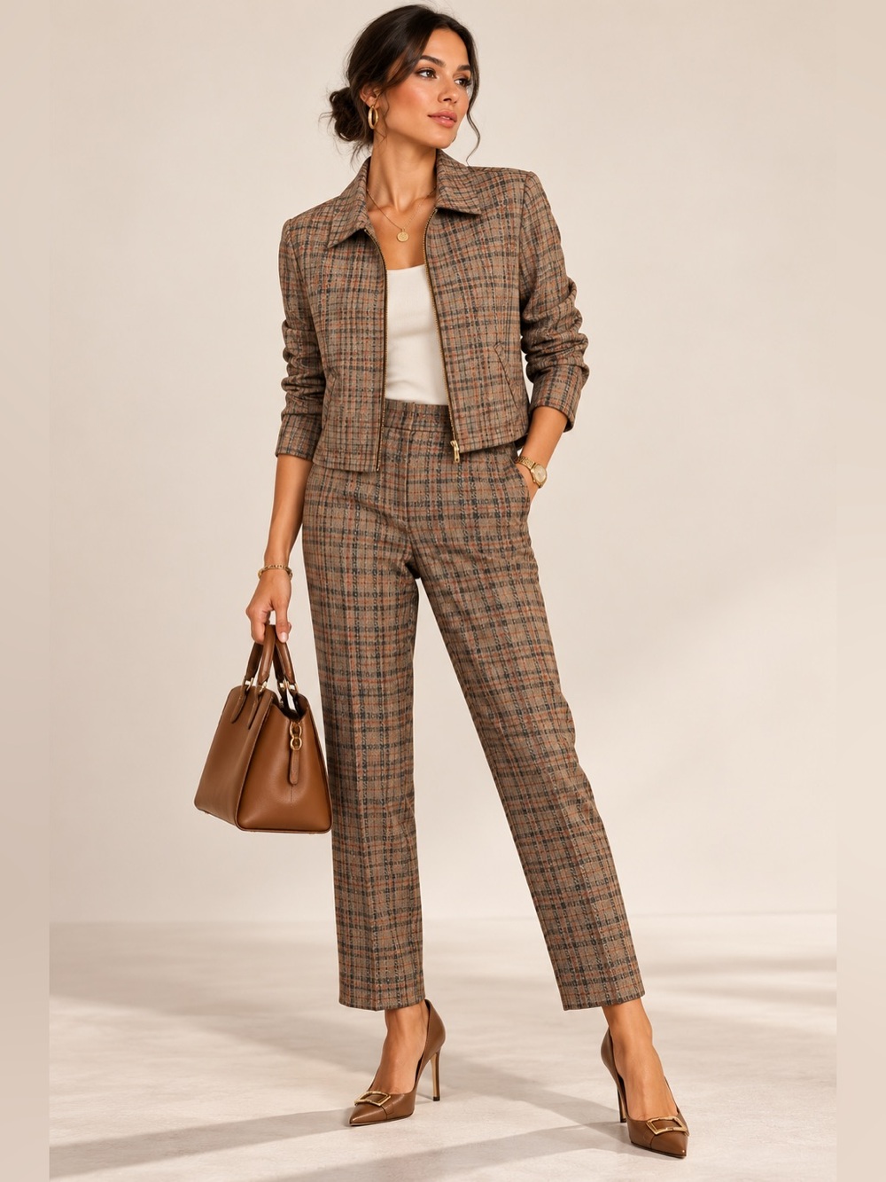 Liverpool Brown Plaid Cropped Jacket & Slim Trousers